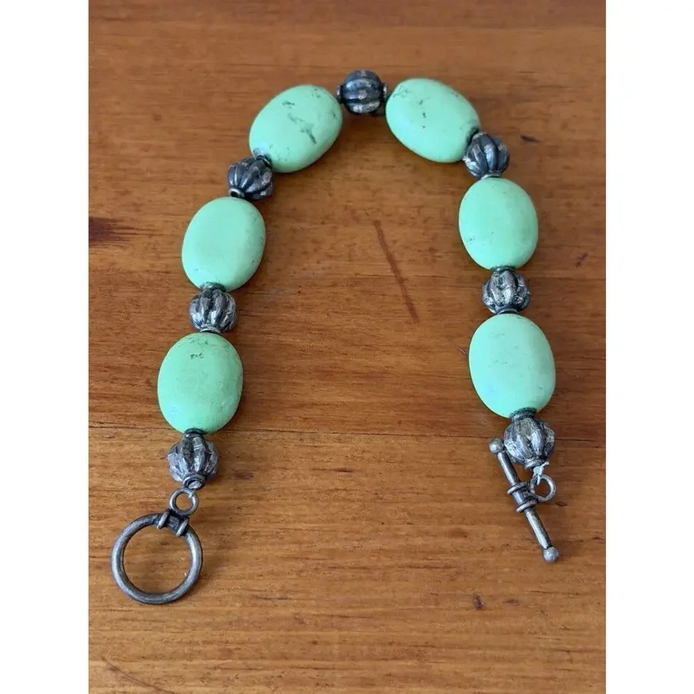 Turquoise Style Beaded Bracelet Silver Tone Accent Boho Southwest Jewelry